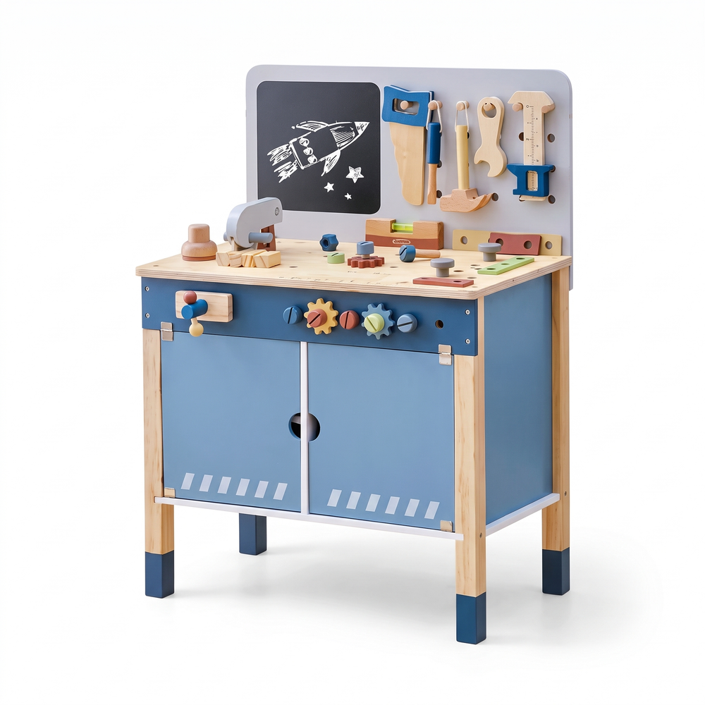 Établi enfant en bois – Placard et tableau noir, bleu – fond blanc