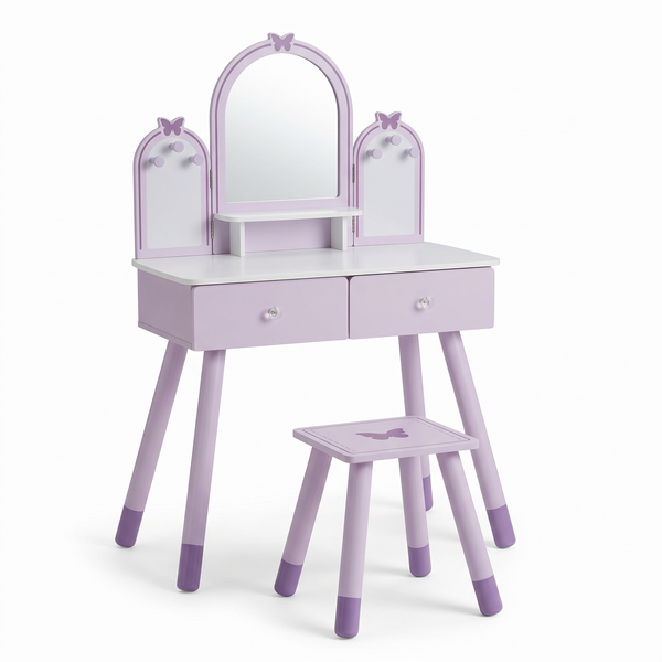 Coiffeuse enfant en bois – Avec tabouret – fond blanc