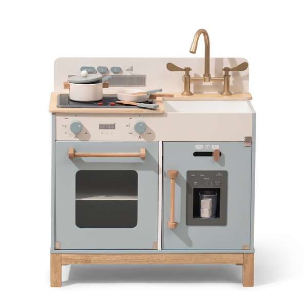 Cuisine Montessori enfant en bois – Bleu – fond blanc