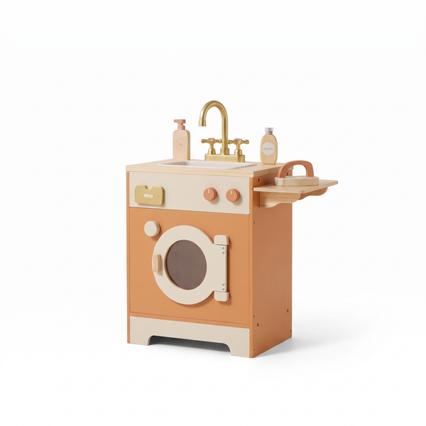 Machine à laver enfant en bois – Collection orange – fond blanc