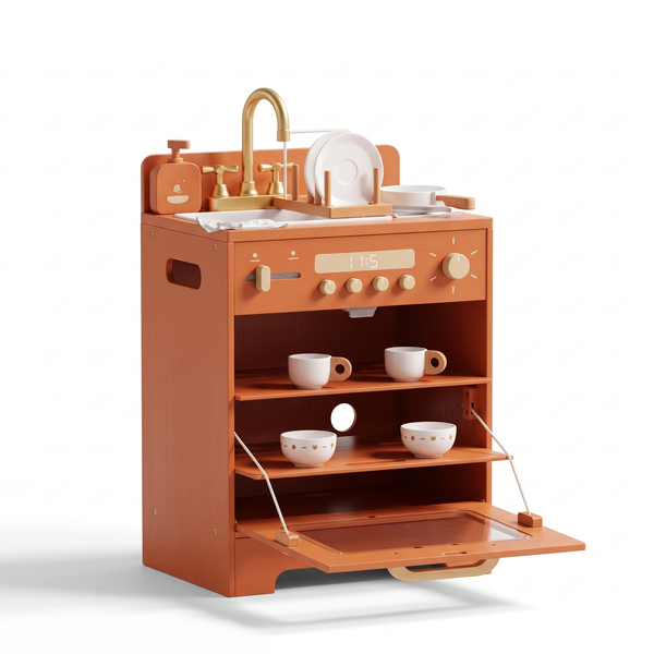 Lave-vaisselle enfant en bois – Collection orange – fond blanc