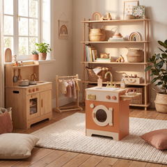 Machine à laver enfant en bois – Collection orange – ambiance intérieur