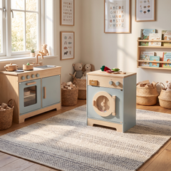 Machine à laver enfant en bois – Collection bleu – ambiance intérieur