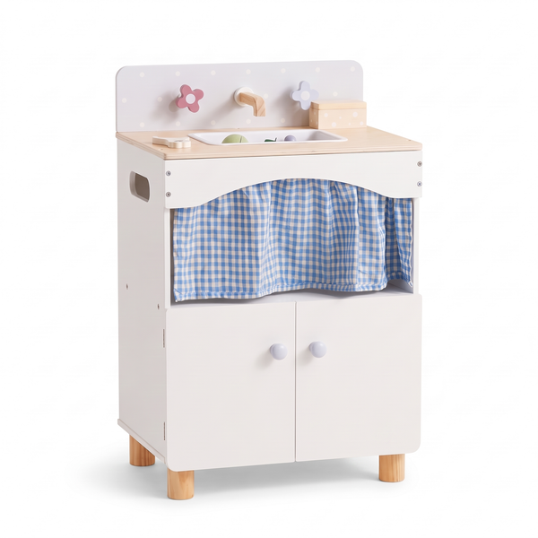 Meuble évier enfant en bois – Avec robinet – fond blanc