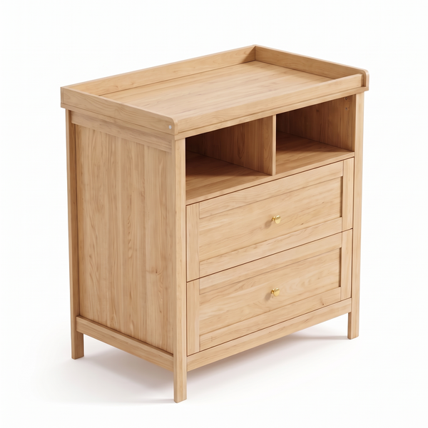 Table à langer bébé en bois – 2 tiroirs, niches et barre amovible – fond blanc