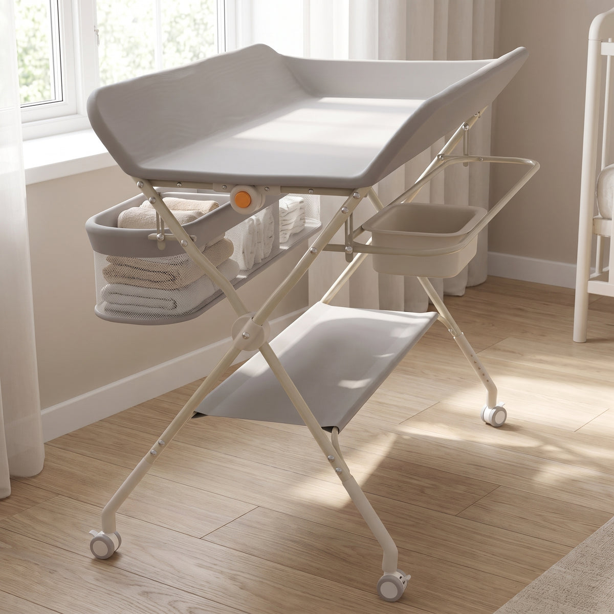 Table à langer bébé pliante – Roulettes et paniers de rangement – ambiance intérieur