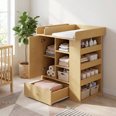 Table à langer bois naturel porte, étagères et tiroir – ambiance intérieur