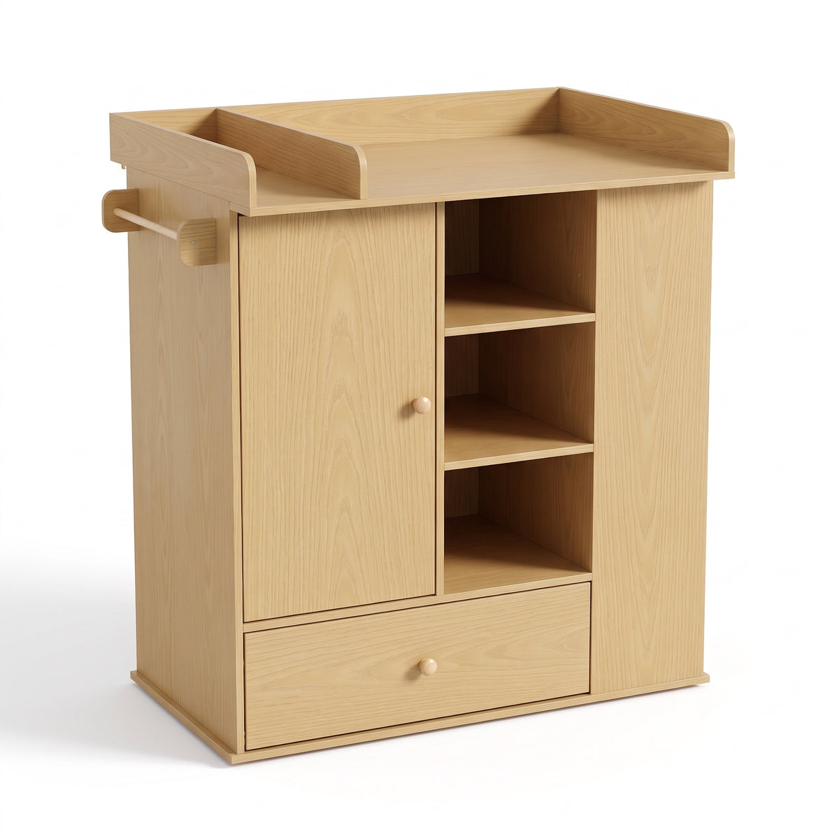 Table à langer bois naturel porte, étagères et tiroir – fond blanc