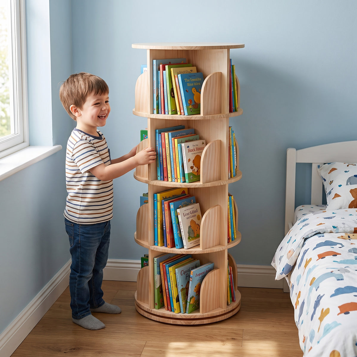 Enfant tournant la bibliothèque pivotante
