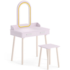 Coiffeuse enfant en bois miroir LED rose sur fond blanc