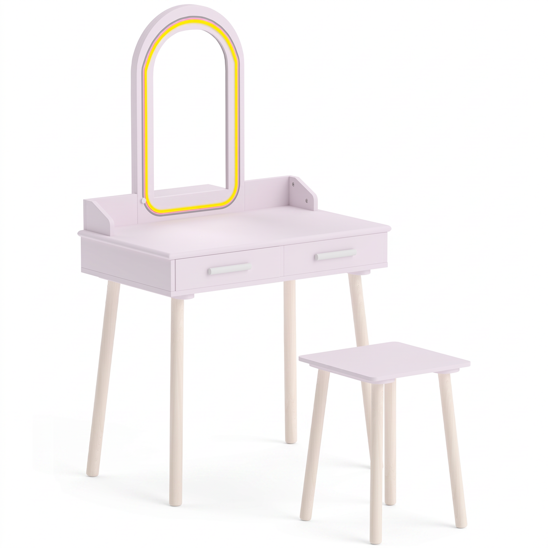 Coiffeuse enfant en bois – Miroir LED 3 couleurs, rose