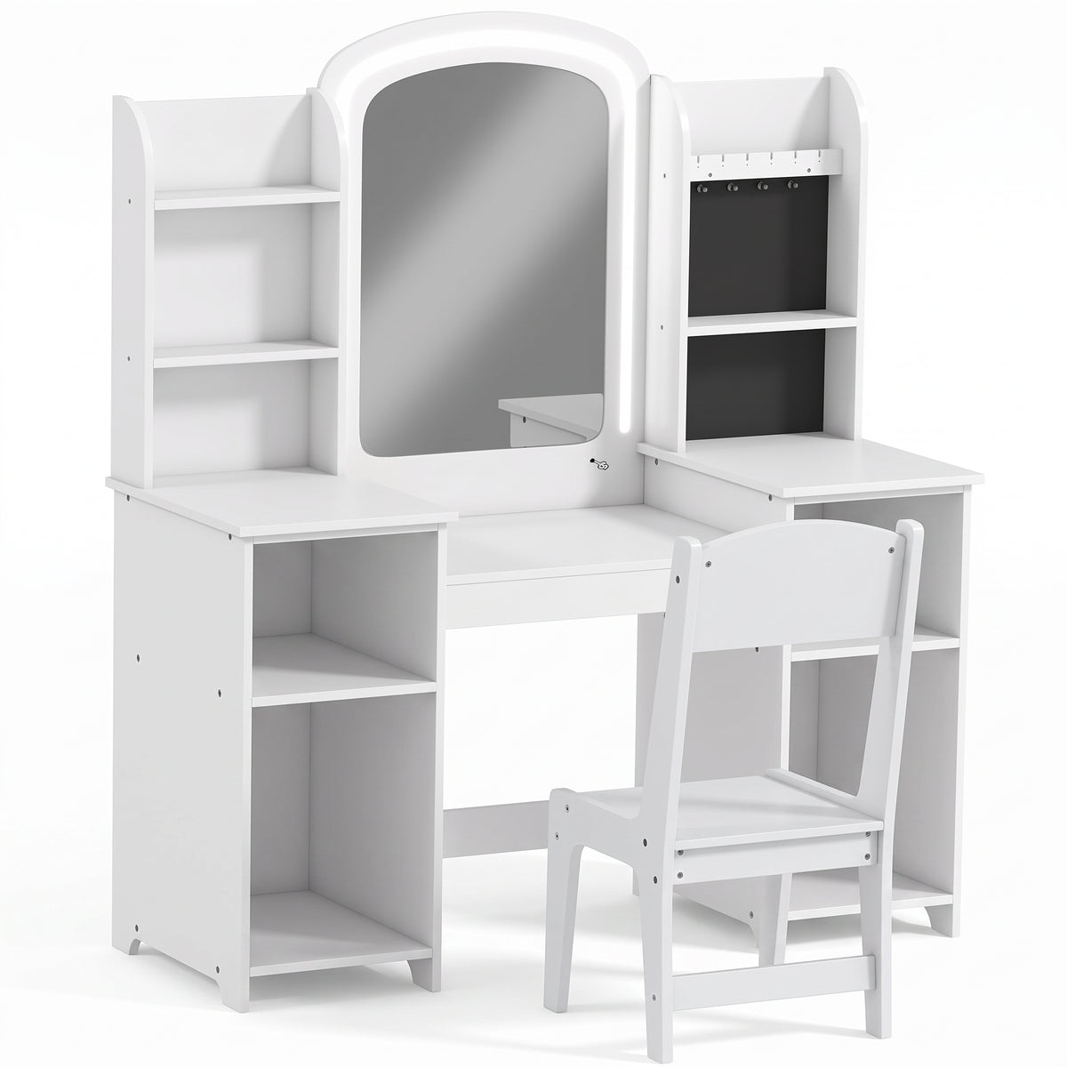 Coiffeuse enfant grand miroir LED blanche sur fond blanc
