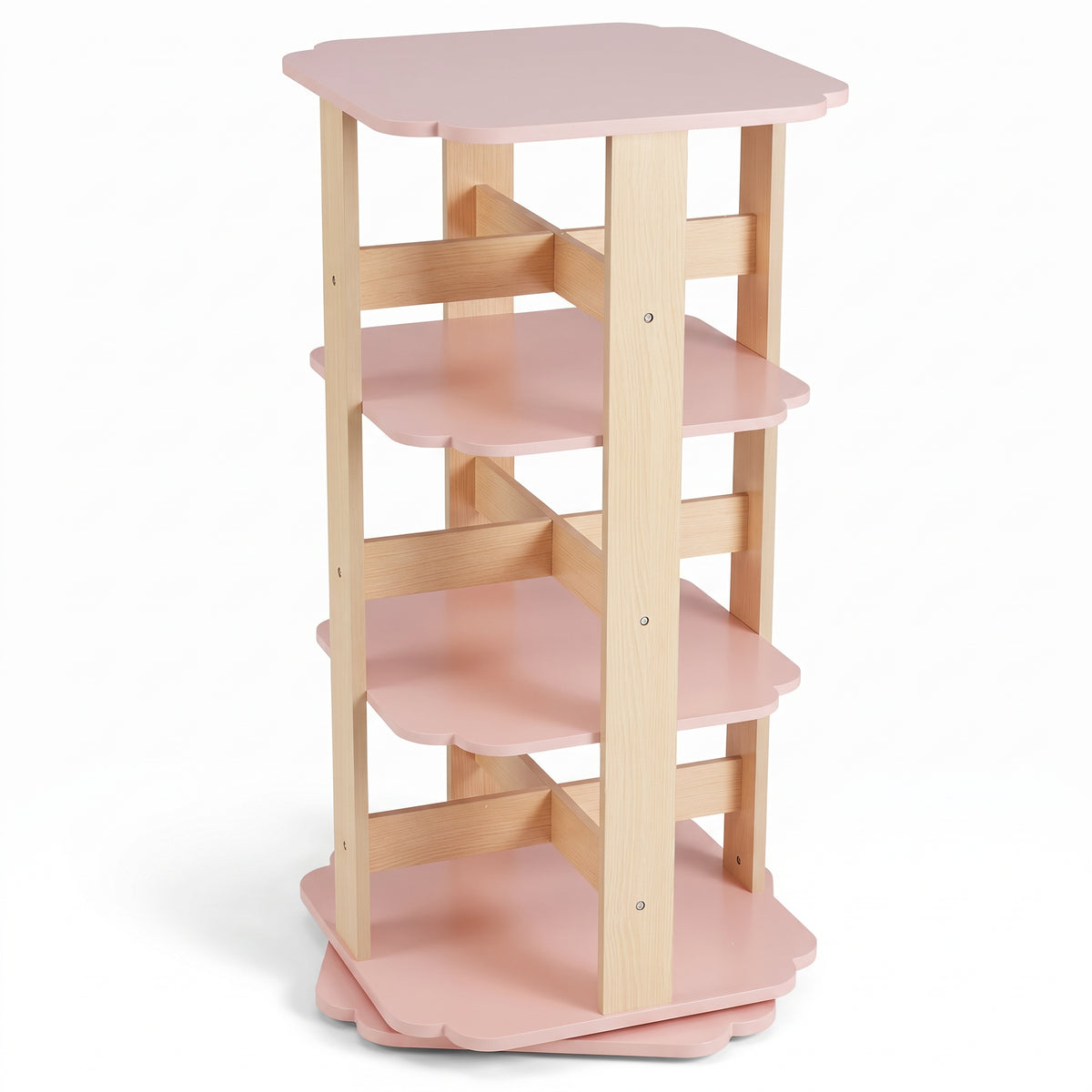Bibliothèque tournante enfant 3 niveaux rose sur fond blanc
