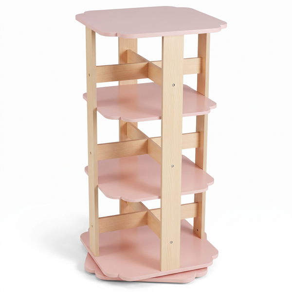 Bibliothèque tournante enfant 3 niveaux rose sur fond blanc