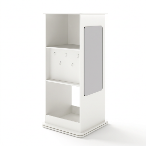 Bibliothèque tournante enfant blanche avec miroir sur fond blanc
