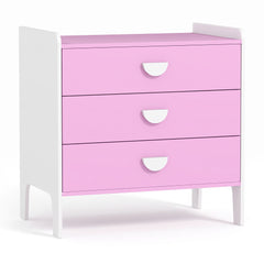 Commode enfant 3 tiroirs rose sur fond blanc