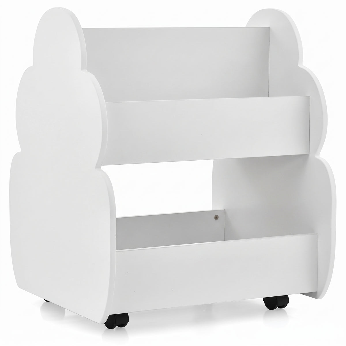Bibliothèque enfant sur roulettes blanche sur fond blanc