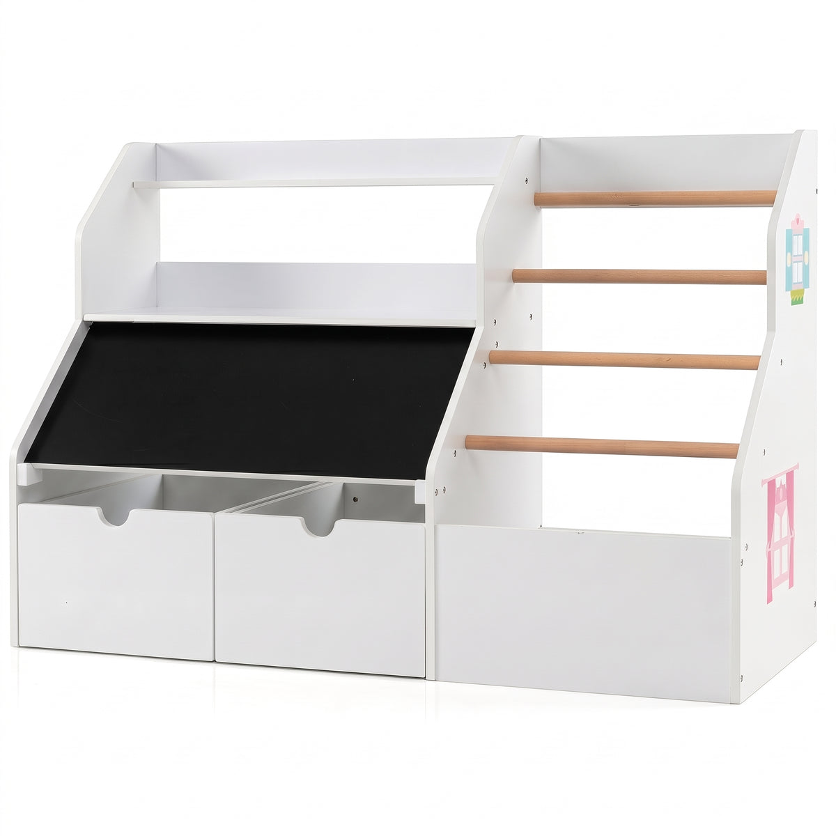Bibliothèque Montessori tableau noir blanche sur fond blanc