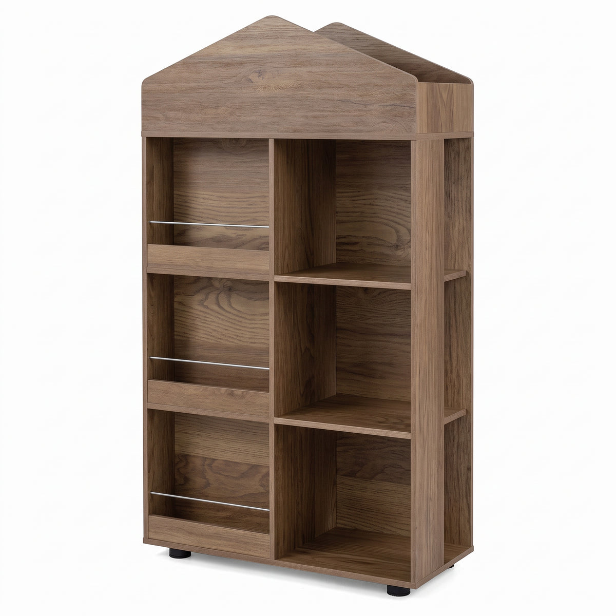 Bibliothèque enfant forme maison naturel sur fond blanc