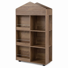 Bibliothèque enfant forme maison naturel sur fond blanc