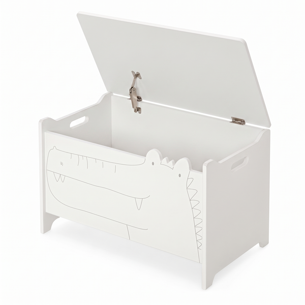 Coffre à jouets en bois blanc sur fond blanc