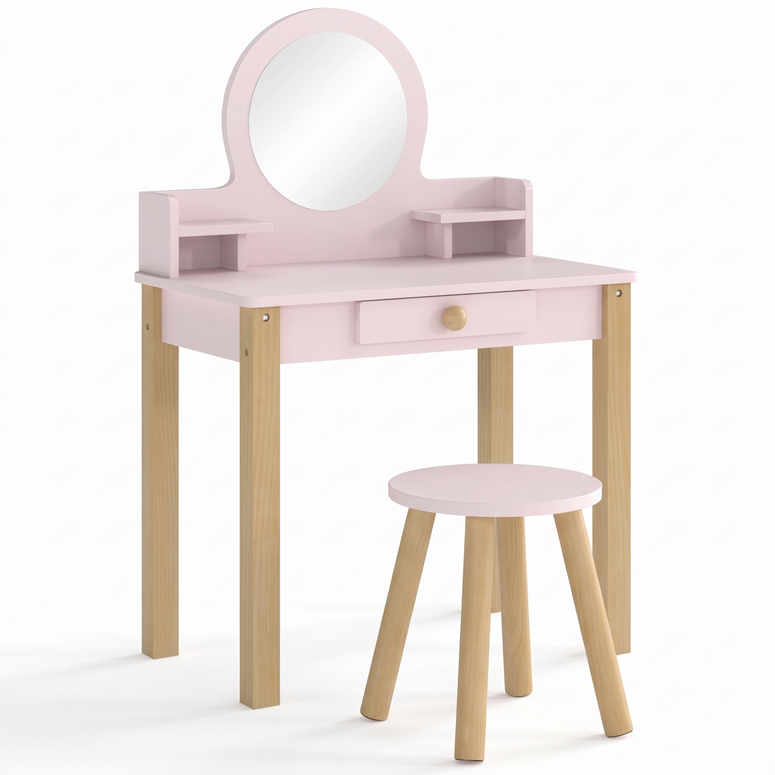 Coiffeuse enfant en bois – Tiroir et étagère, rose