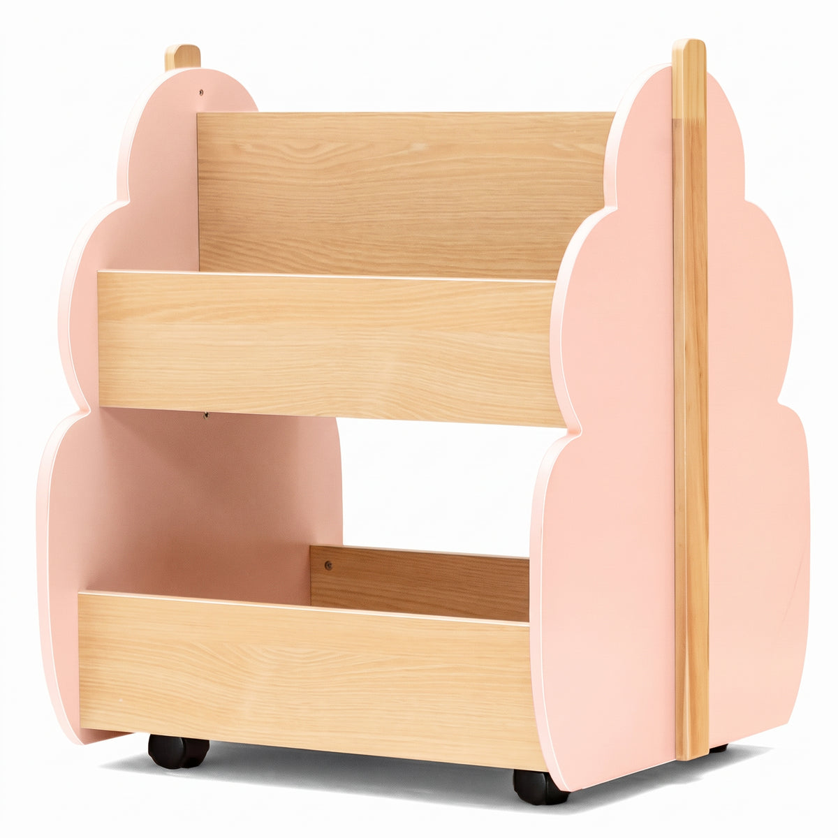 Bibliothèque enfant sur roulettes 2 niveaux rose sur fond blanc
