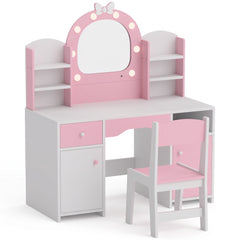 Coiffeuse enfant avec miroir lumineux rose sur fond blanc