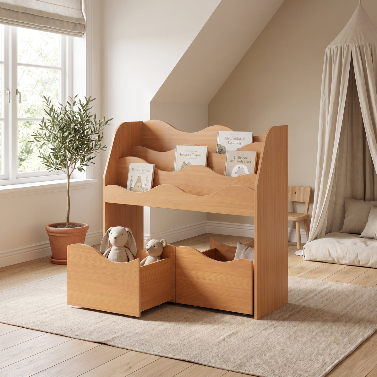 Bibliothèque Montessori enfant dans une chambre d'enfant