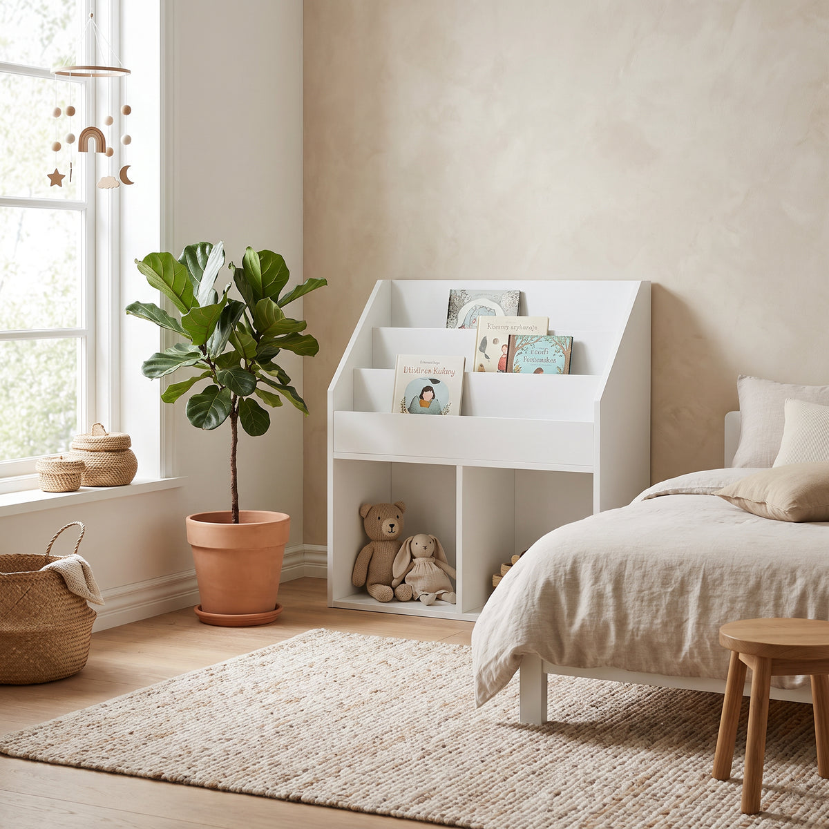 Bibliothèque enfant 3 compartiments blanche dans une chambre d'enfant