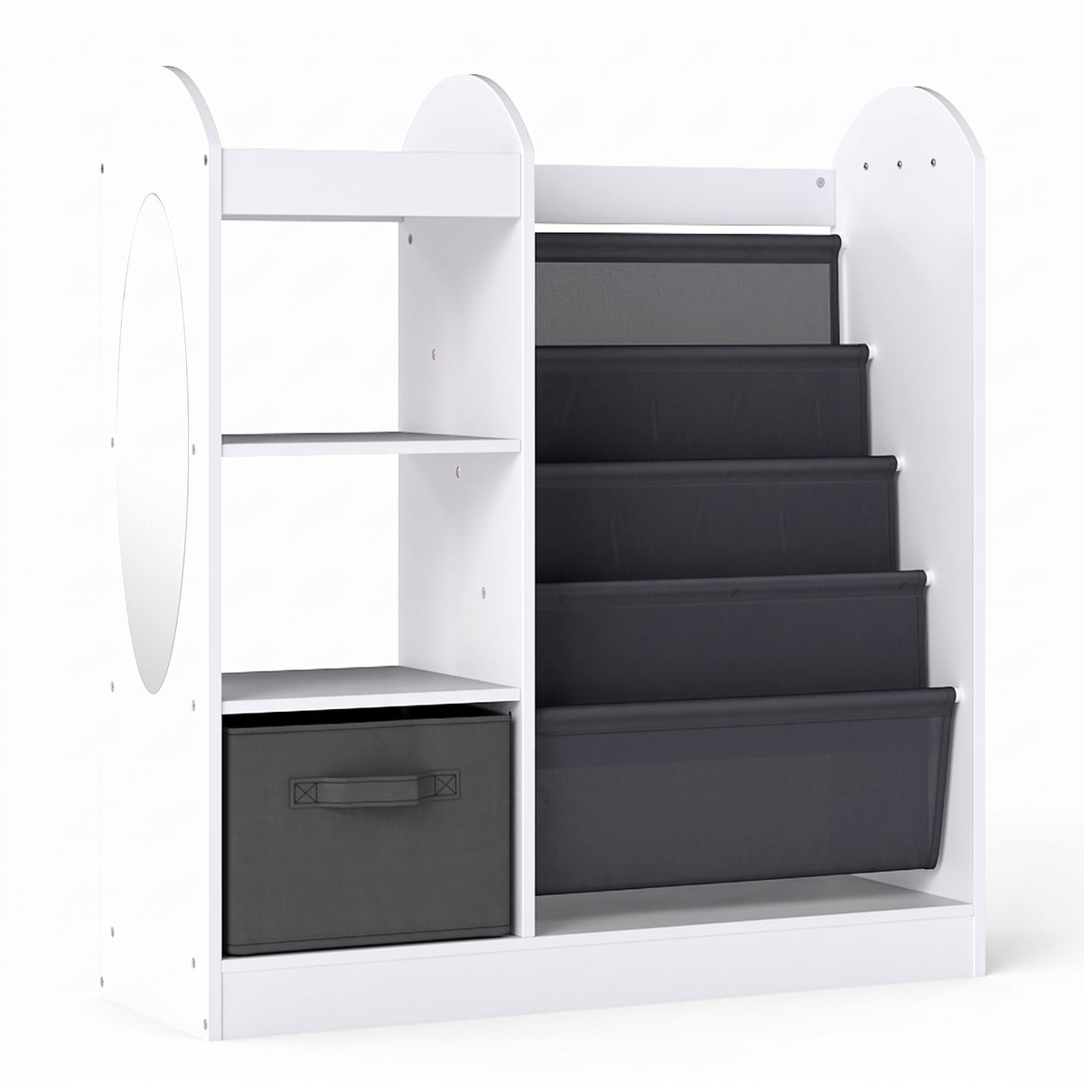 Bibliothèque enfant miroir et étagères en tissu blanche sur fond blanc