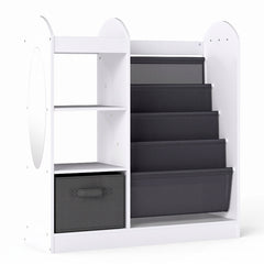 Bibliothèque enfant miroir et étagères en tissu blanche sur fond blanc
