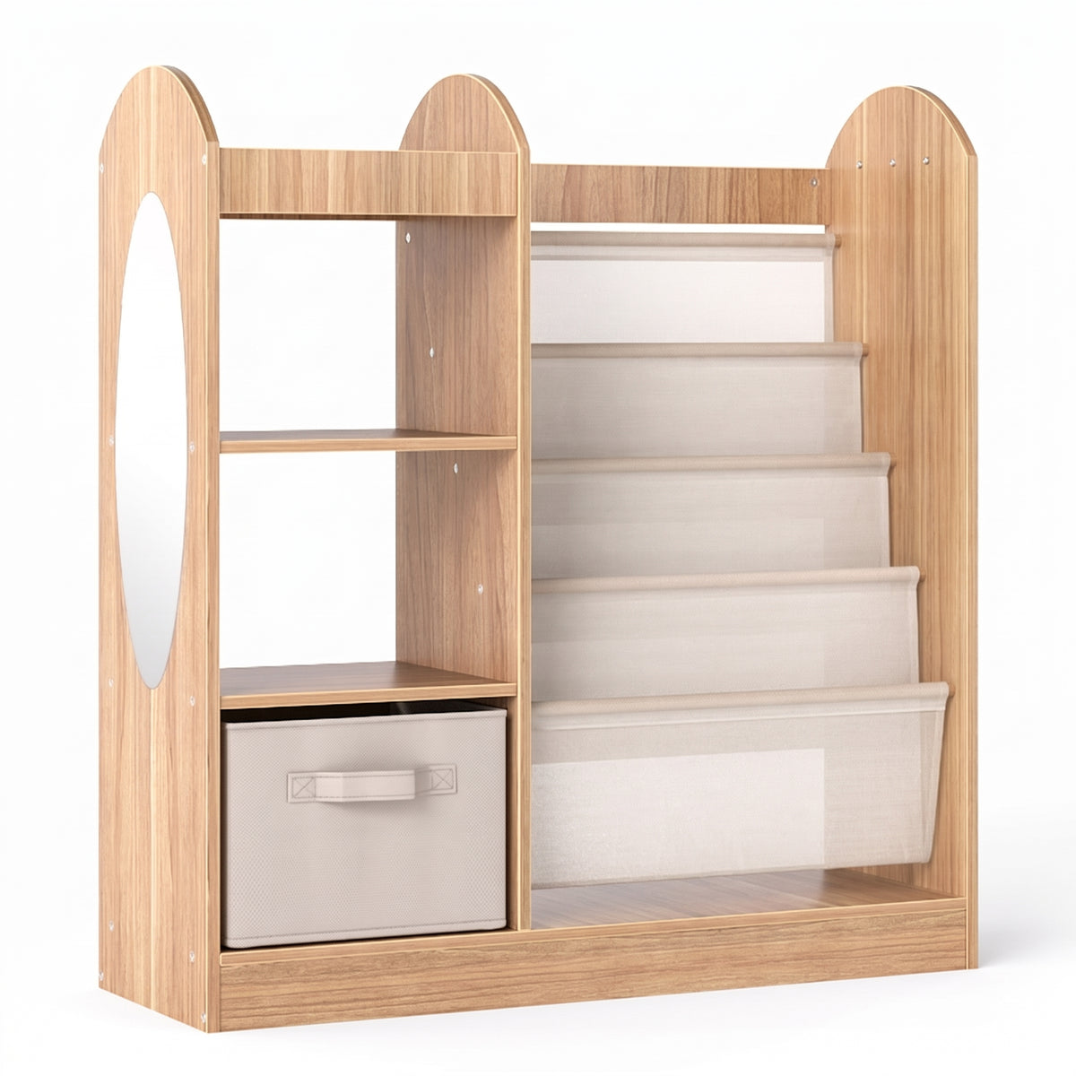 Bibliothèque enfant miroir et étagères en tissu naturel sur fond blanc