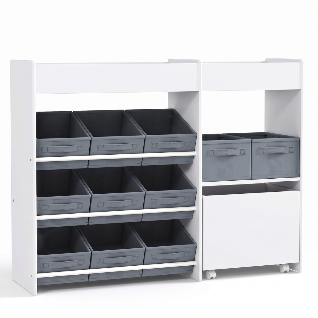 Étagère à jouets enfant – 11 bacs en tissu, blanc