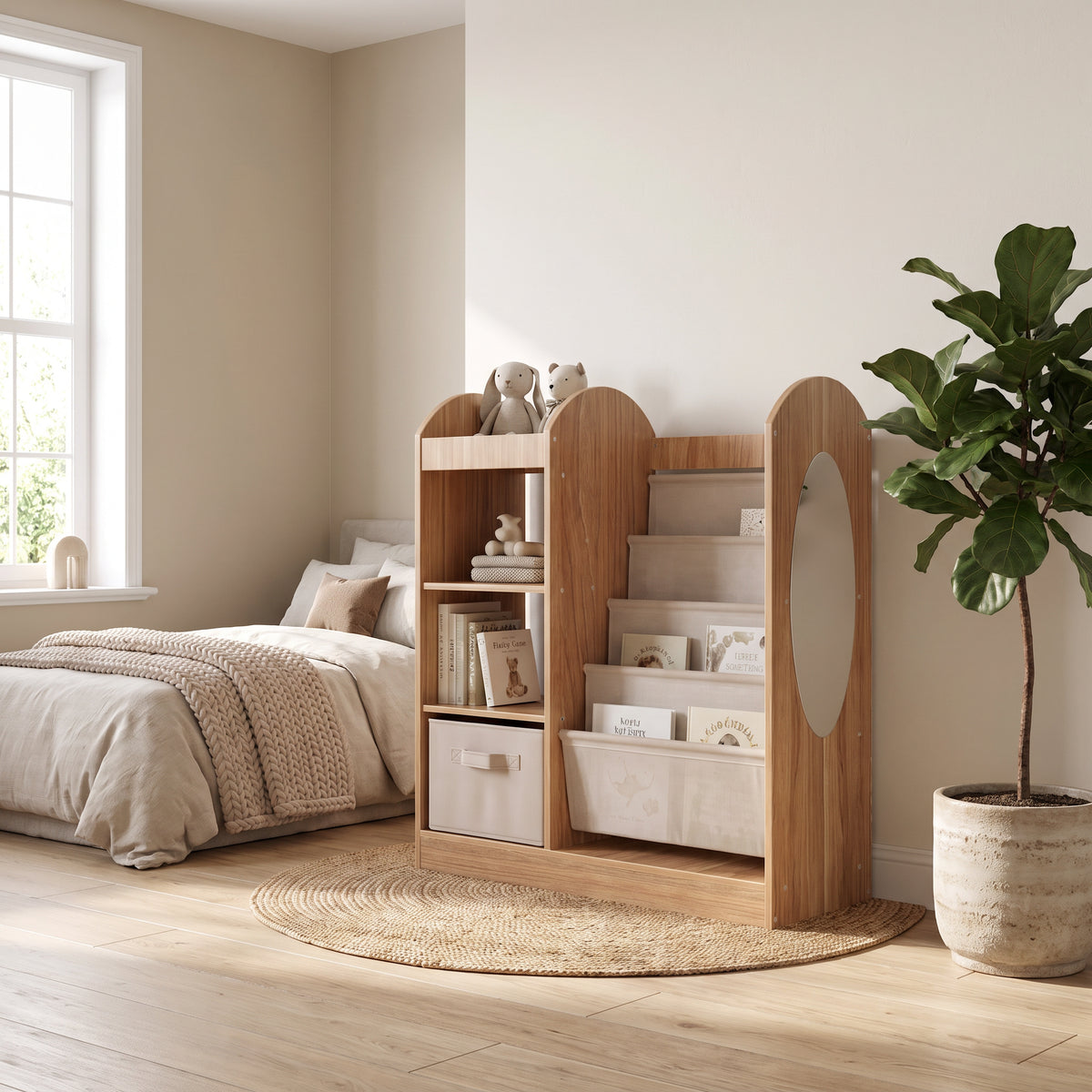 Bibliothèque enfant miroir et étagères en tissu naturel dans une chambre d'enfant