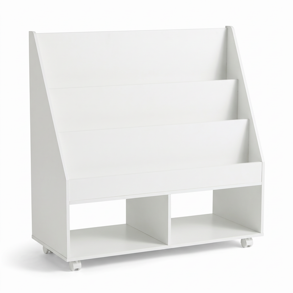 Bibliothèque enfant sur roulettes sur fond blanc