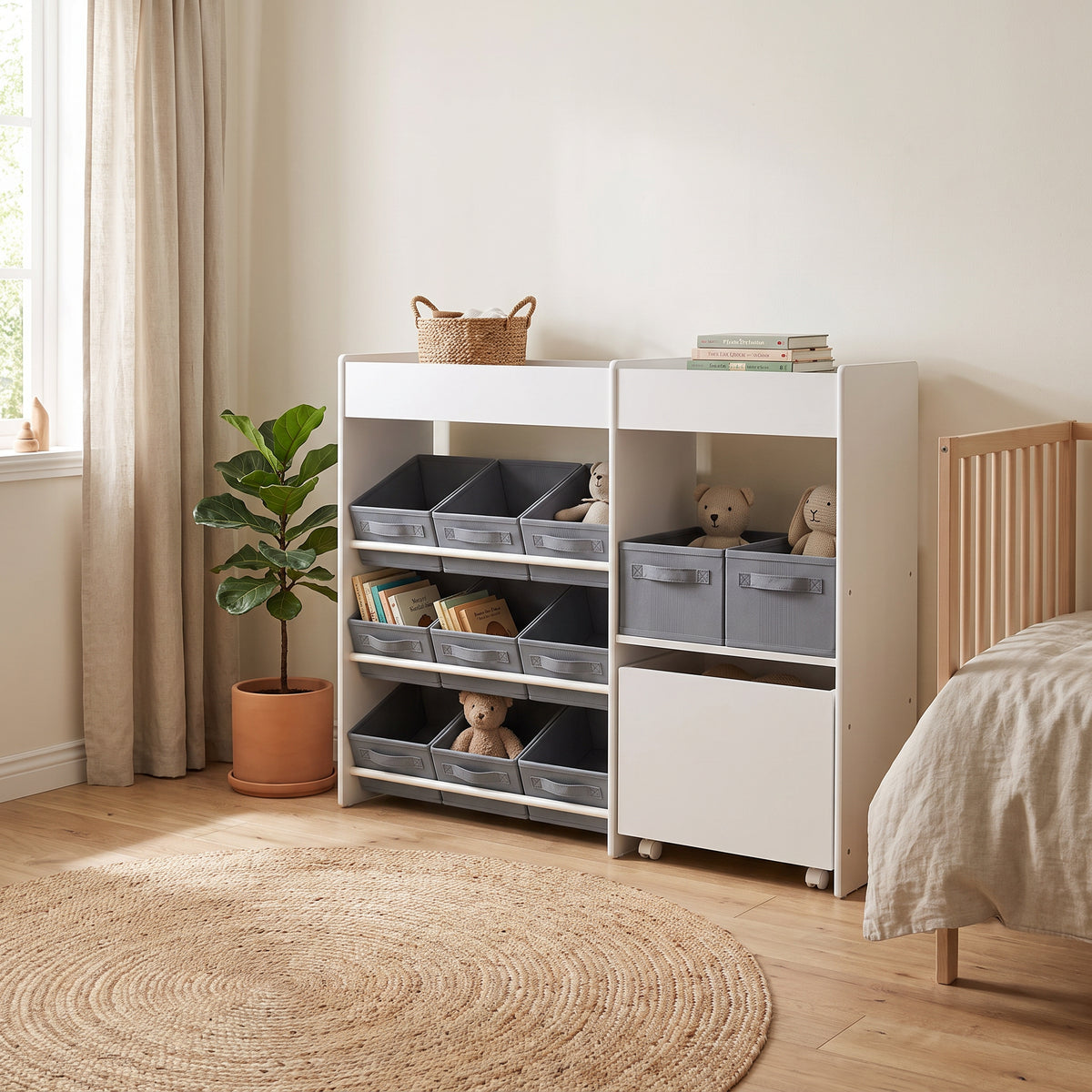 Étagère à jouets enfant 11 bacs en tissu dans une chambre d'enfant
