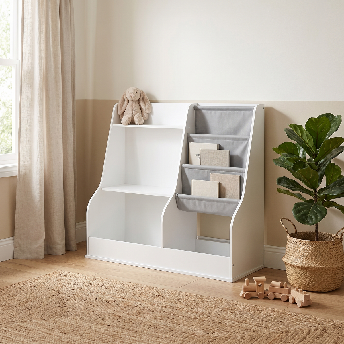 Étagère Montessori enfant blanche dans une chambre d'enfant