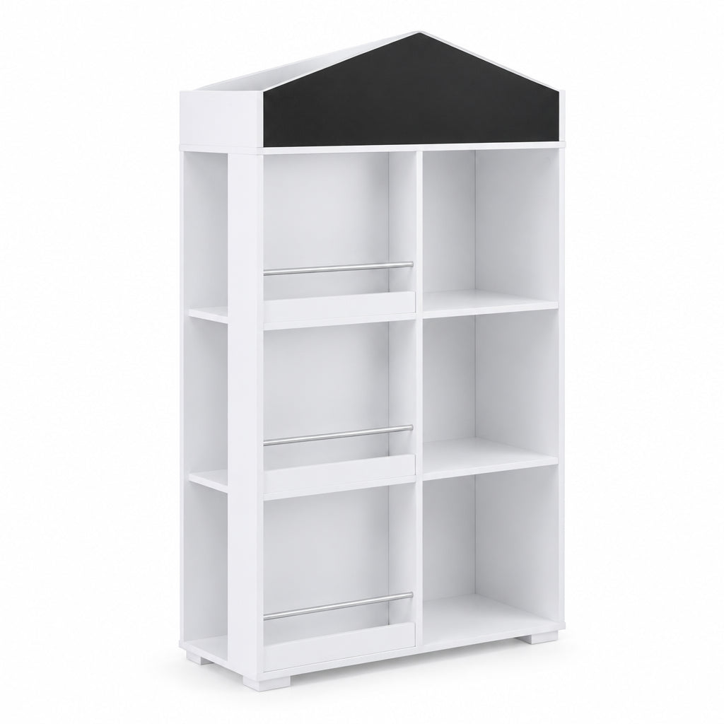 Bibliothèque enfant forme maison tableau noir sur fond blanc