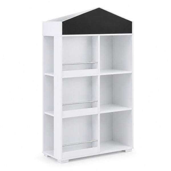 Bibliothèque enfant forme maison tableau noir sur fond blanc