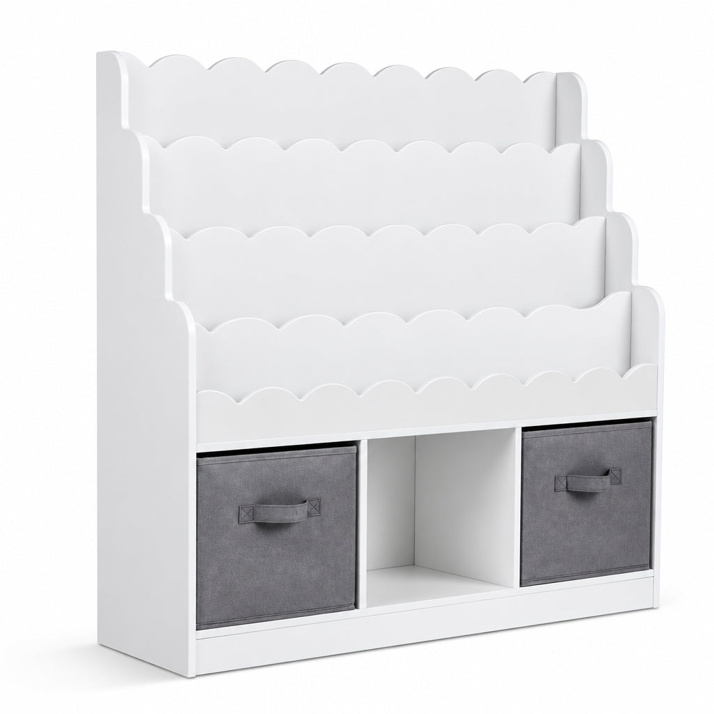 Bibliothèque Montessori enfant 4 niveaux blanche sur fond blanc