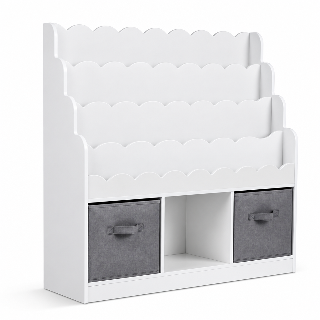 Bibliothèque Montessori enfant – 4 niveaux et 2 tiroirs en tissu, blanc