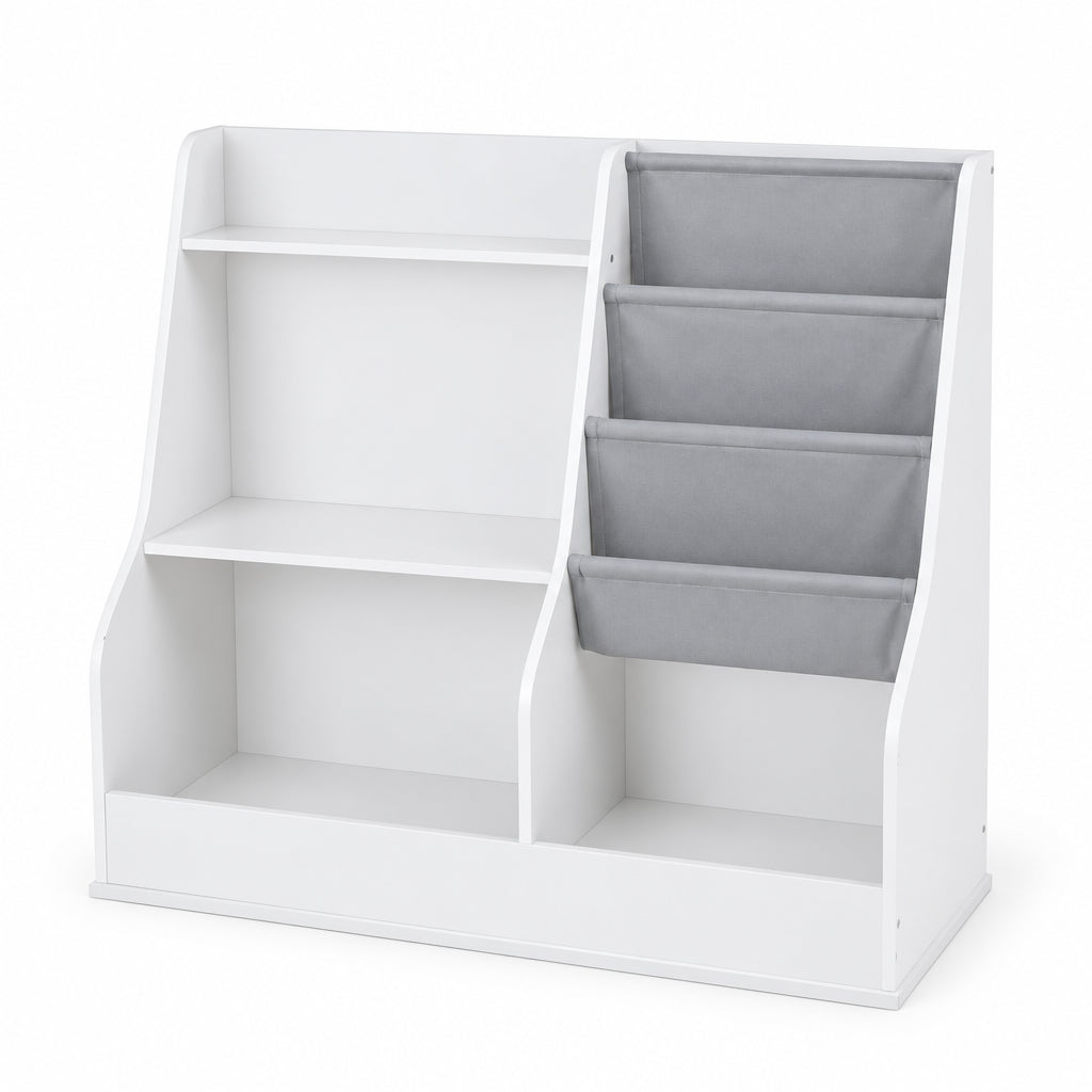 Étagère Montessori enfant poches en tissu blanche sur fond blanc