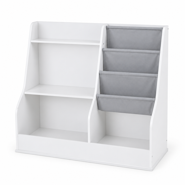 Étagère Montessori enfant poches en tissu blanche sur fond blanc
