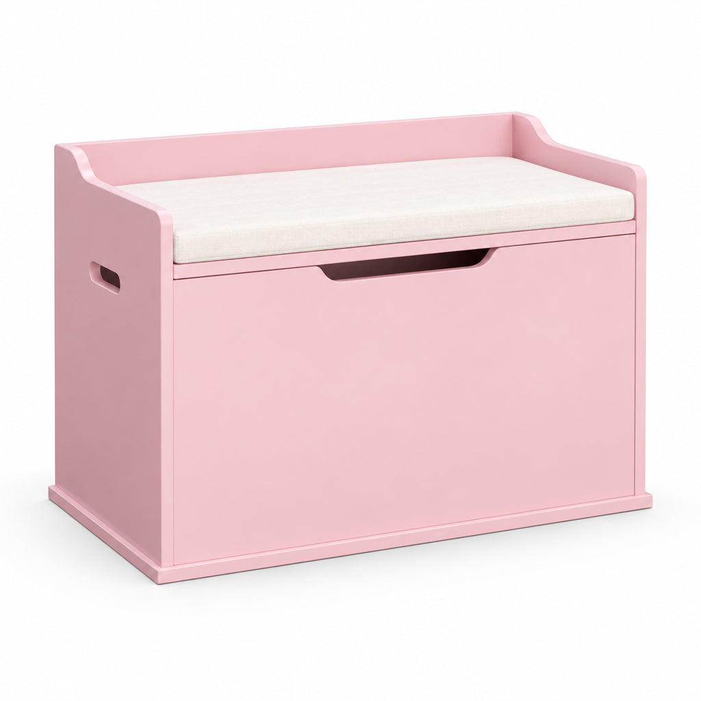 Coffre à jouets banc rose sur fond blanc