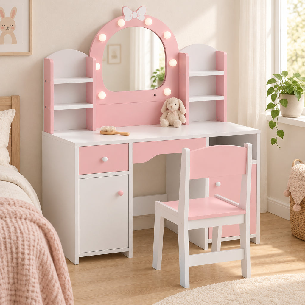 Coiffeuse enfant miroir lumineux rose dans une chambre d'enfant