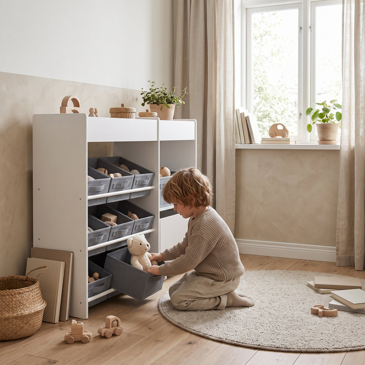 Étagère à jouets enfant 11 bacs avec un enfant