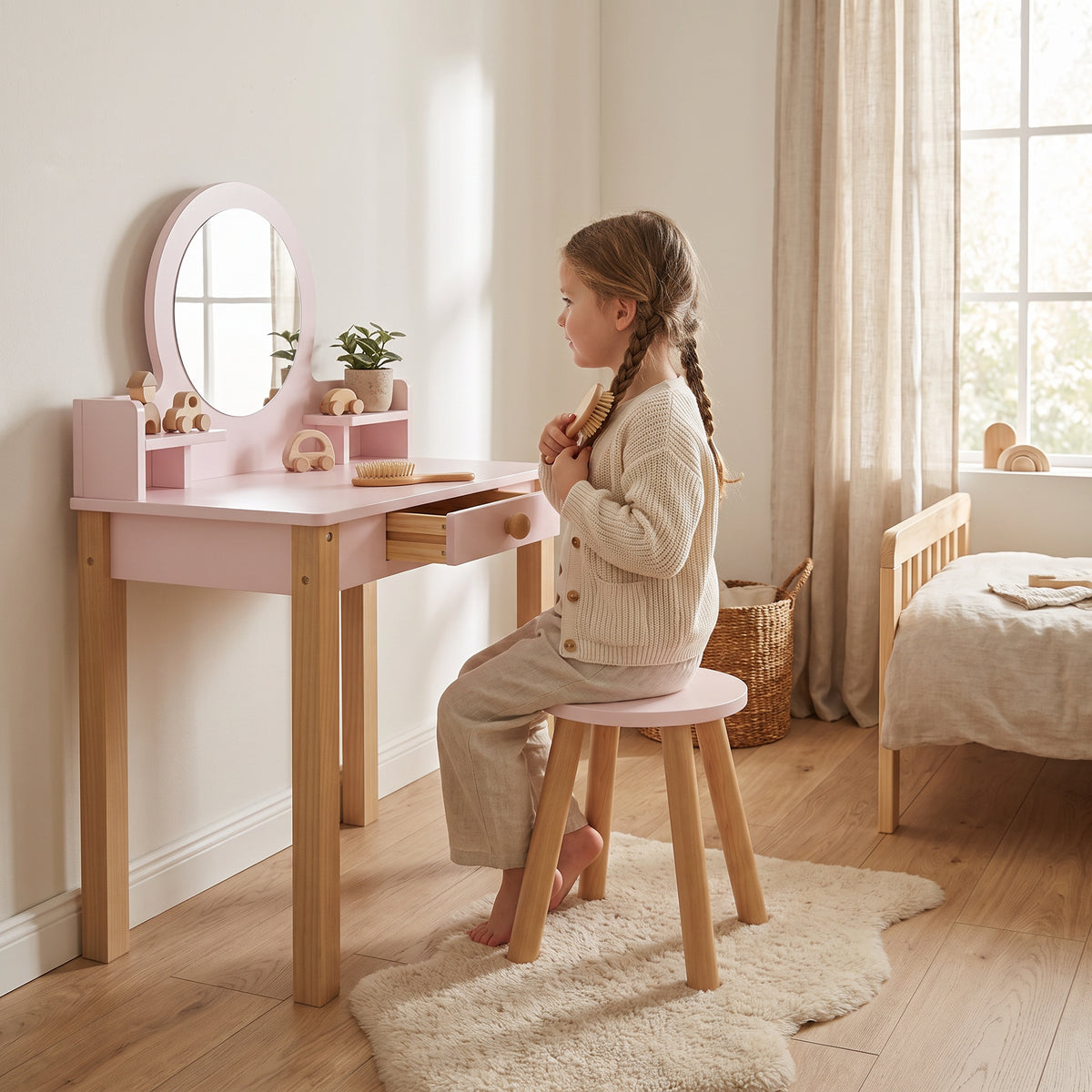 Coiffeuse enfant en bois avec un enfant