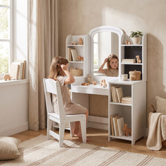 Coiffeuse enfant grand miroir LED blanche avec un enfant
