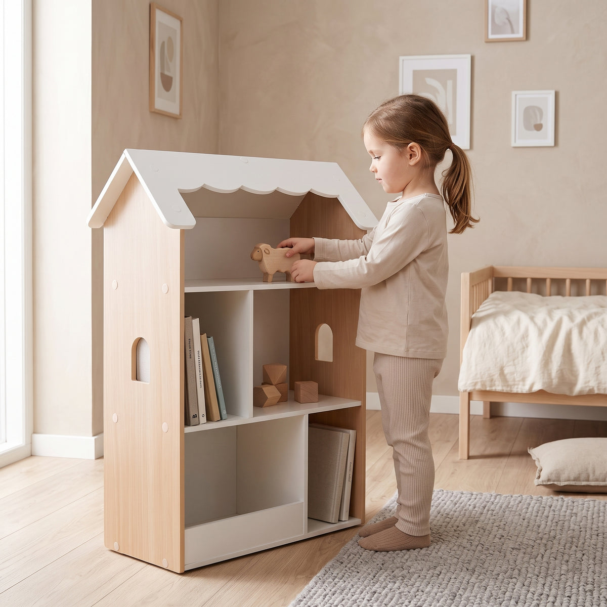Bibliothèque cabane enfant blanche avec un enfant